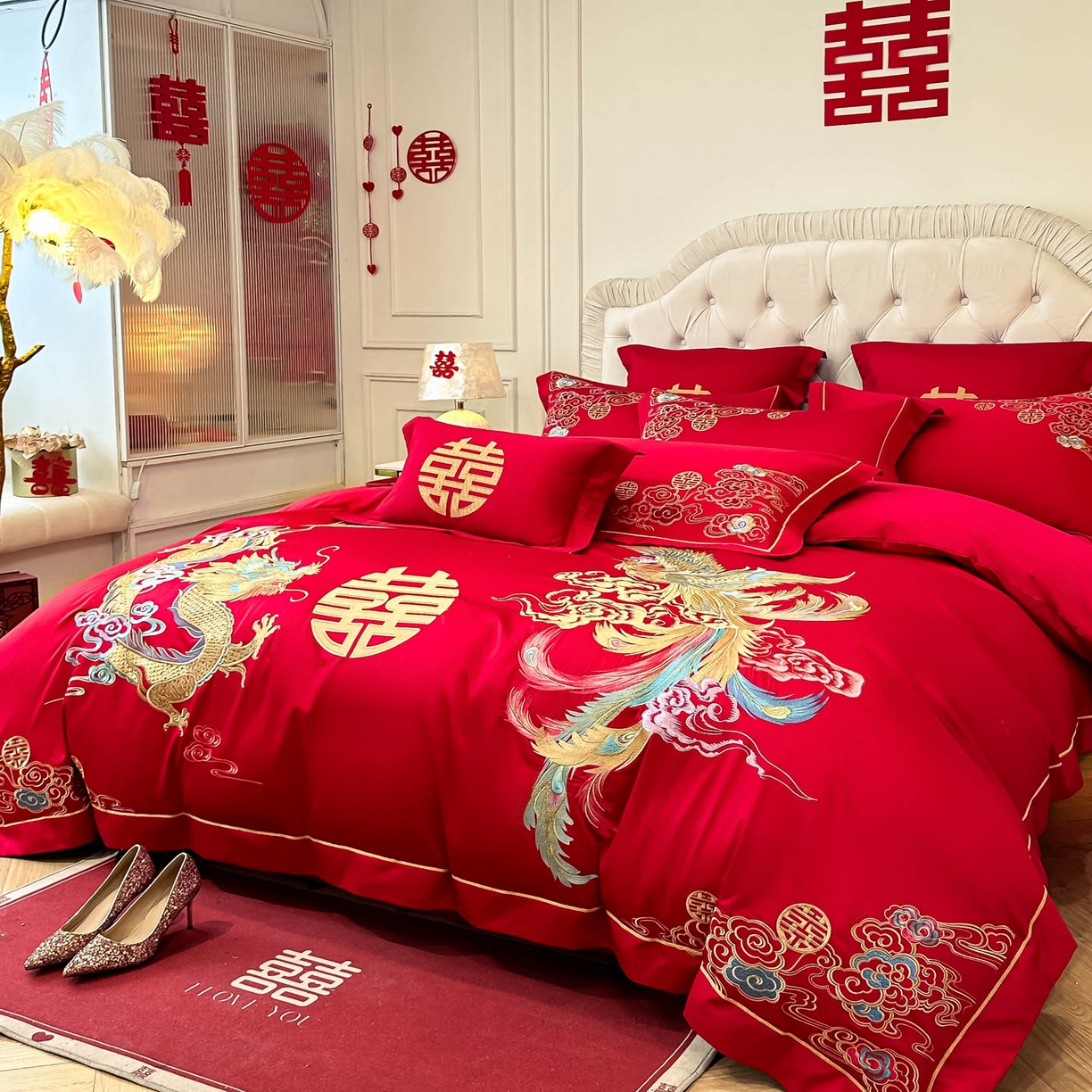 91家纺网 家纺一手货源 找家纺 欧乐蒂 2025新款亲肤棉婚庆刺绣四件套 龙凤缠绵