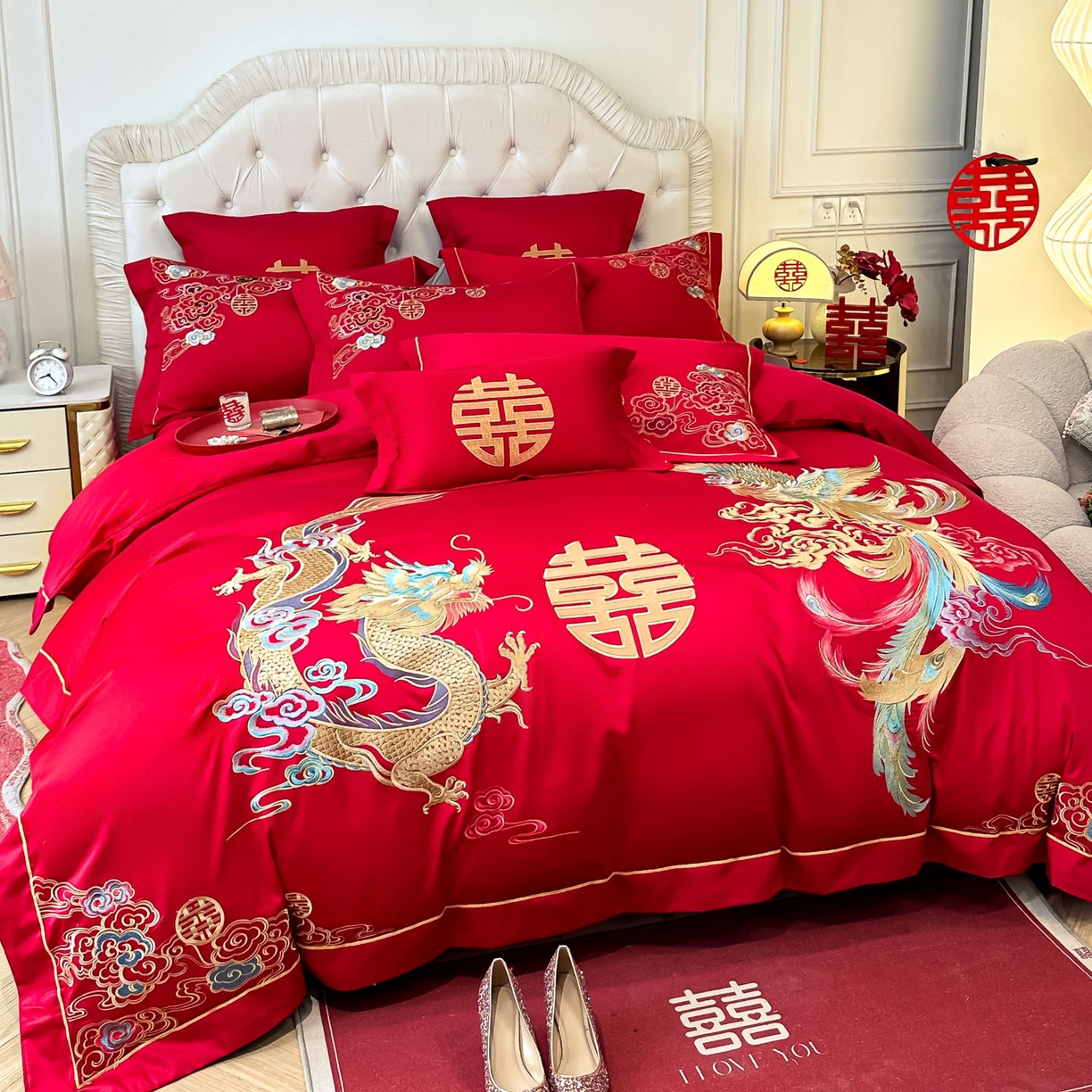 91家纺网 家纺一手货源 找家纺 欧乐蒂 2025新款亲肤棉婚庆刺绣四件套 龙凤缠绵