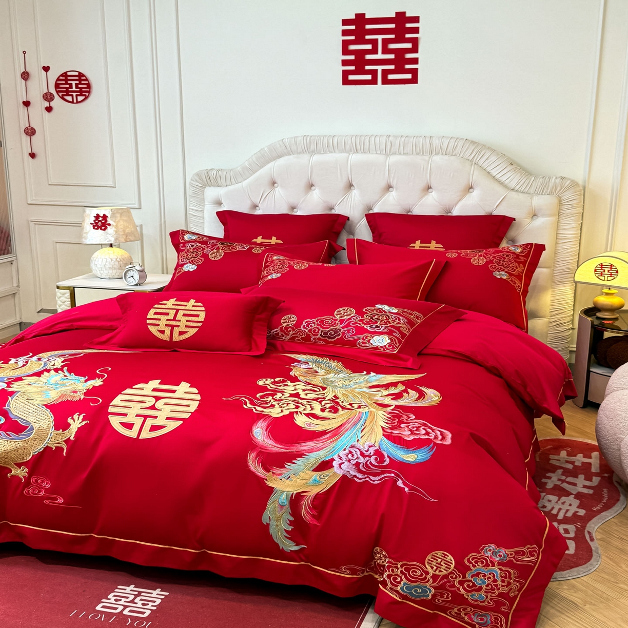 91家纺网 家纺一手货源 找家纺 欧乐蒂 2025新款亲肤棉婚庆刺绣四件套 龙凤缠绵