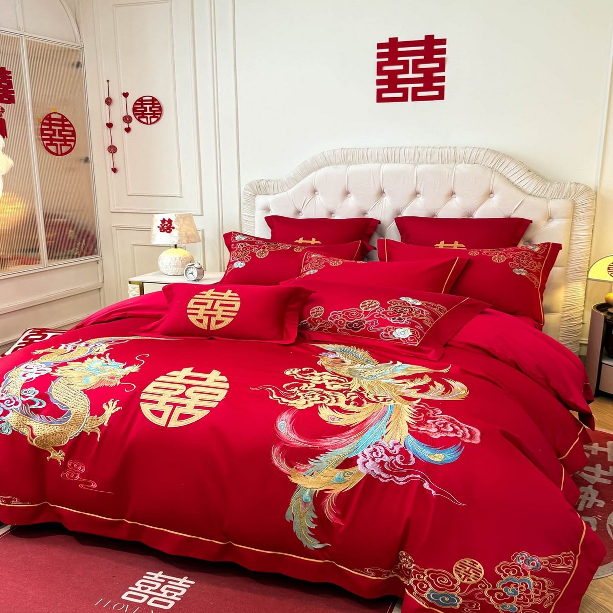 91家纺网 家纺一手货源 找家纺 欧乐蒂 2025新款亲肤棉婚庆刺绣四件套 龙凤缠绵