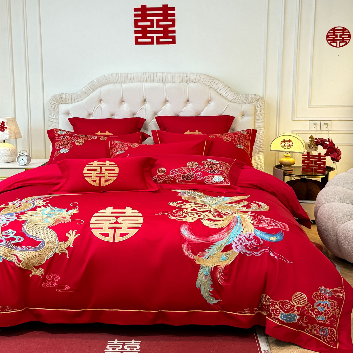 91家纺网 家纺一手货源 找家纺 欧乐蒂 2025新款亲肤棉婚庆刺绣四件套 龙凤缠绵