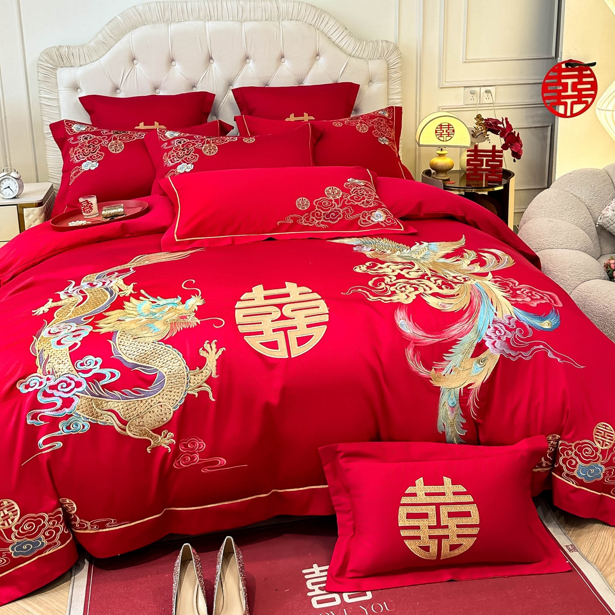 91家纺网 家纺一手货源 找家纺 欧乐蒂 2025新款亲肤棉婚庆刺绣四件套 龙凤缠绵