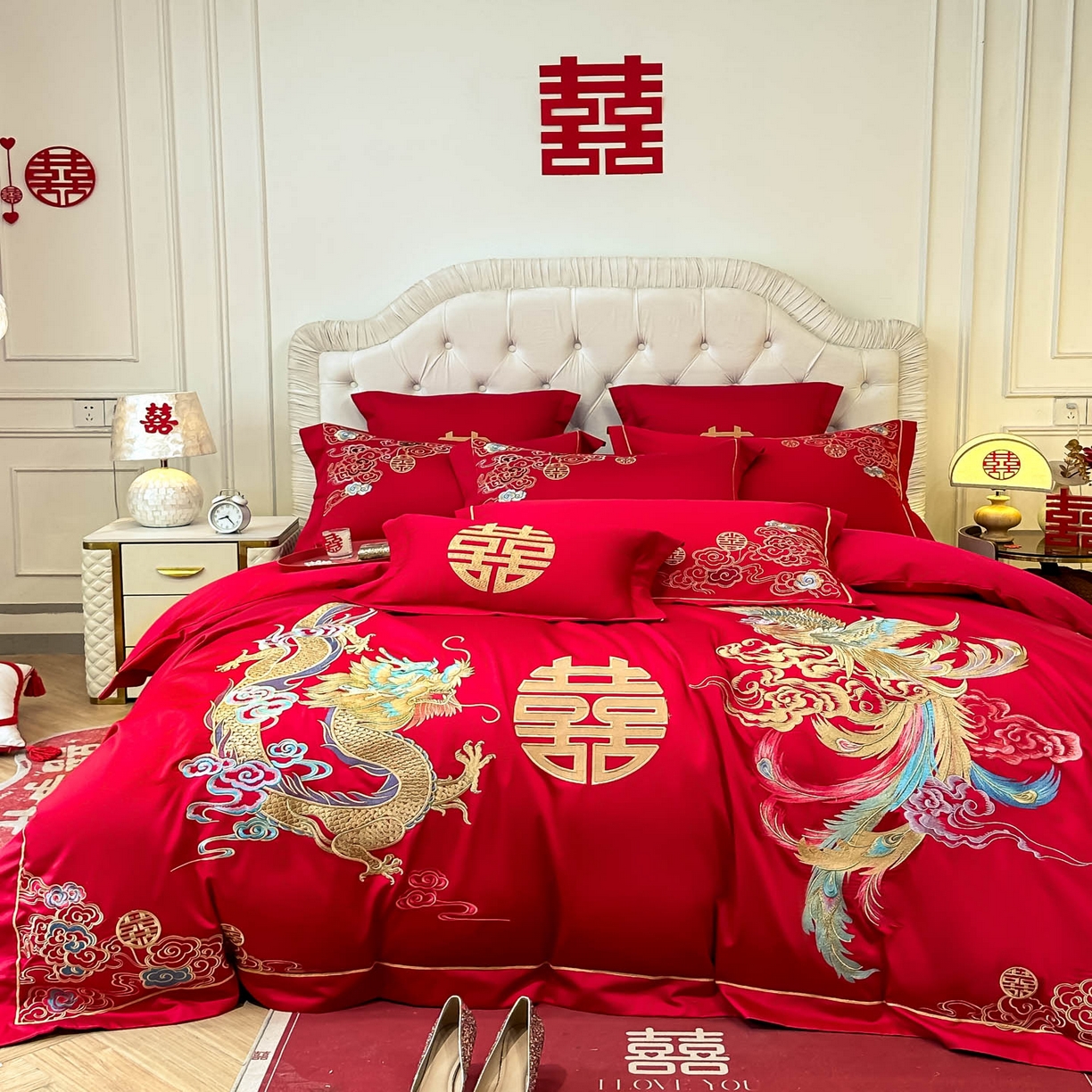 91家纺网 家纺一手货源 找家纺 欧乐蒂 2025新款亲肤棉婚庆刺绣四件套 龙凤缠绵