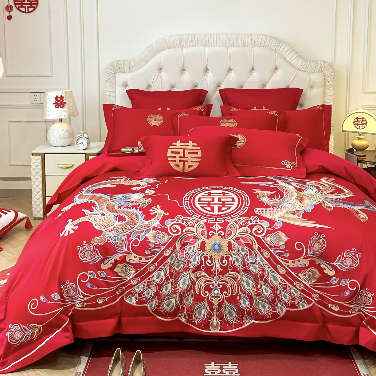 91家纺网 家纺一手货源 找家纺 欧乐蒂 2025新款亲肤棉婚庆刺绣四件套 龙凤富贵