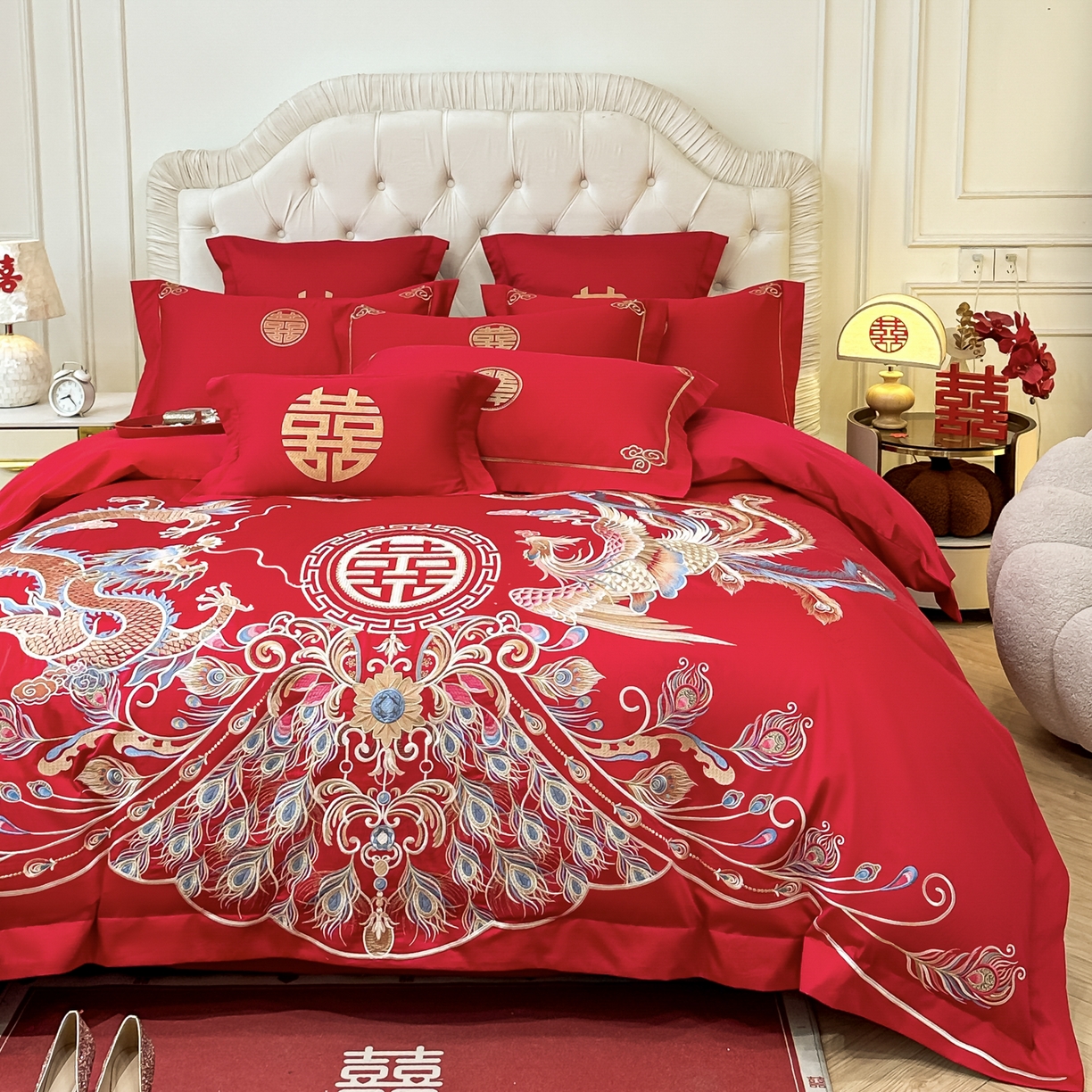 91家纺网 家纺一手货源 找家纺 欧乐蒂 2025新款亲肤棉婚庆刺绣四件套 龙凤富贵