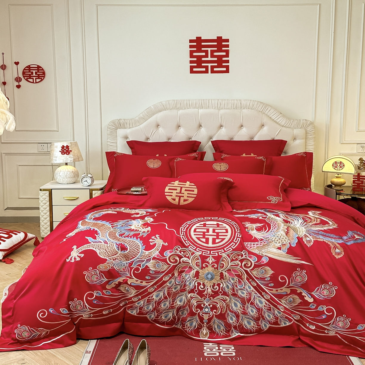 91家纺网 家纺一手货源 找家纺 欧乐蒂 2025新款亲肤棉婚庆刺绣四件套 龙凤富贵