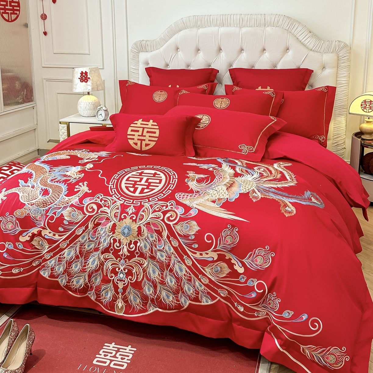 91家纺网 家纺一手货源 找家纺 欧乐蒂 2025新款亲肤棉婚庆刺绣四件套 龙凤富贵
