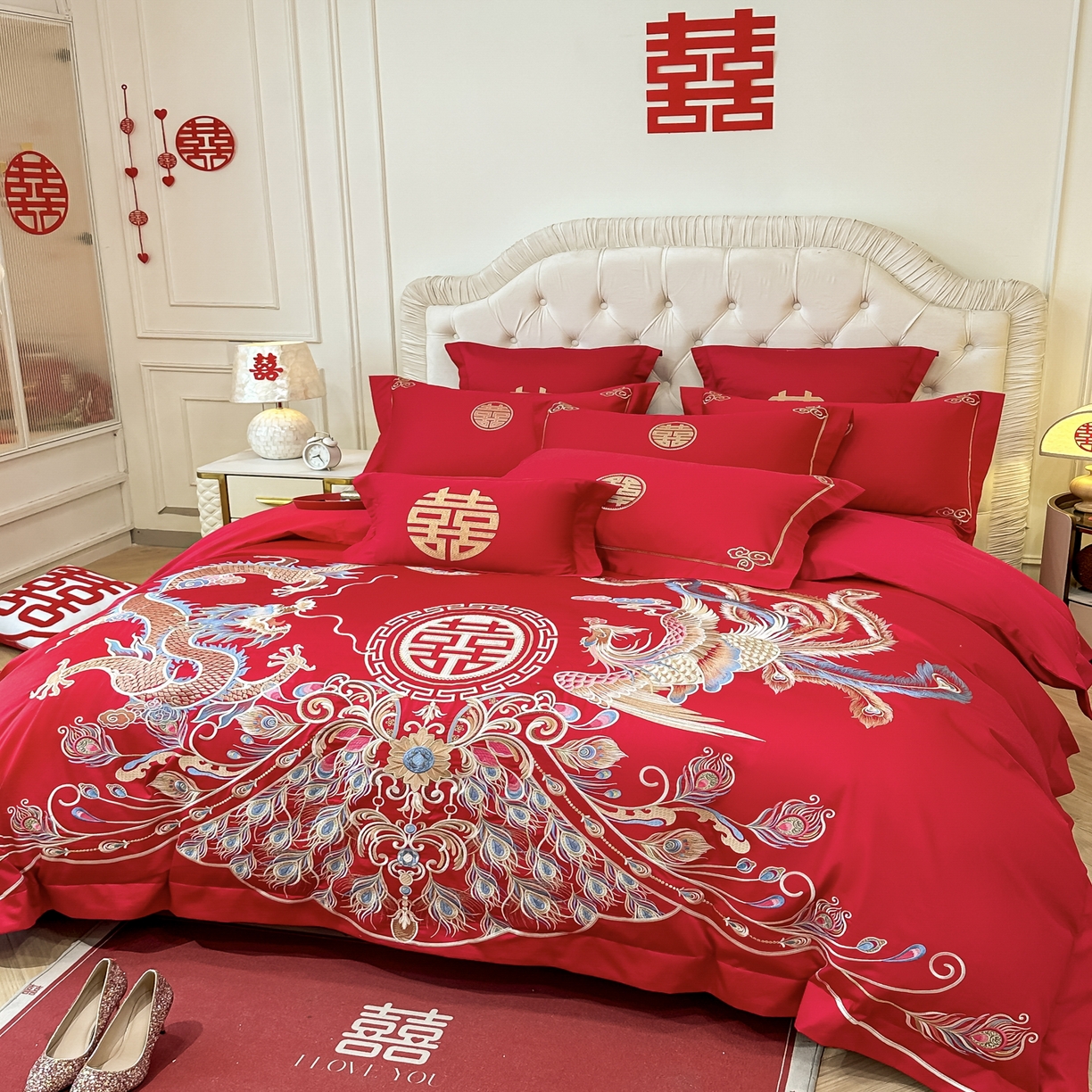 91家纺网 家纺一手货源 找家纺 欧乐蒂 2025新款亲肤棉婚庆刺绣四件套 龙凤富贵