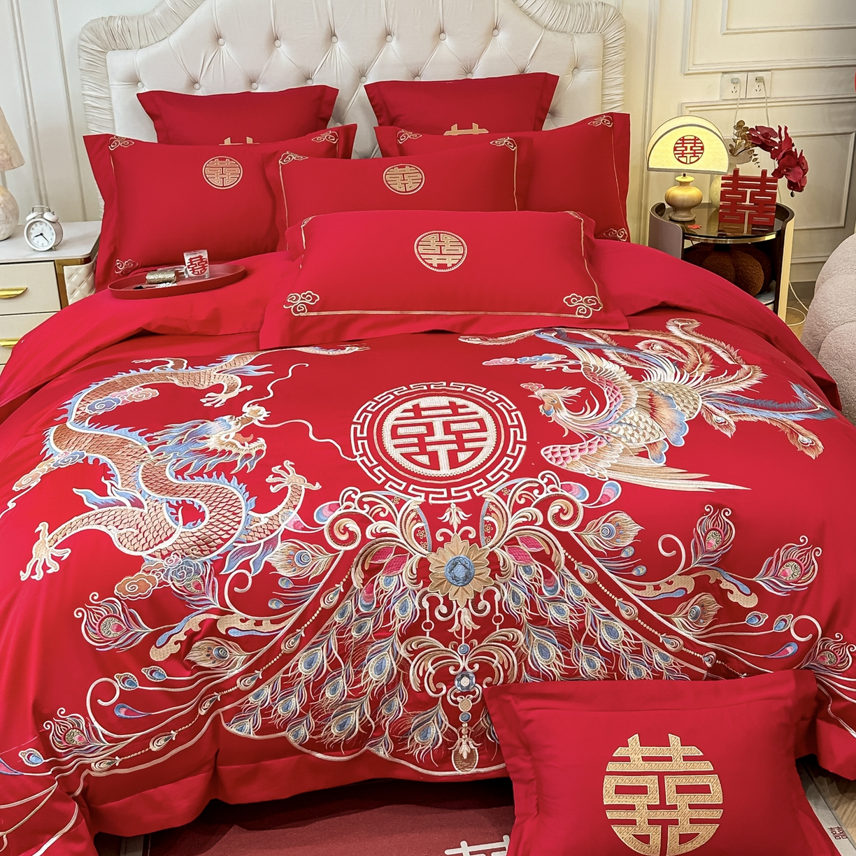 91家纺网 家纺一手货源 找家纺 欧乐蒂 2025新款亲肤棉婚庆刺绣四件套 龙凤富贵