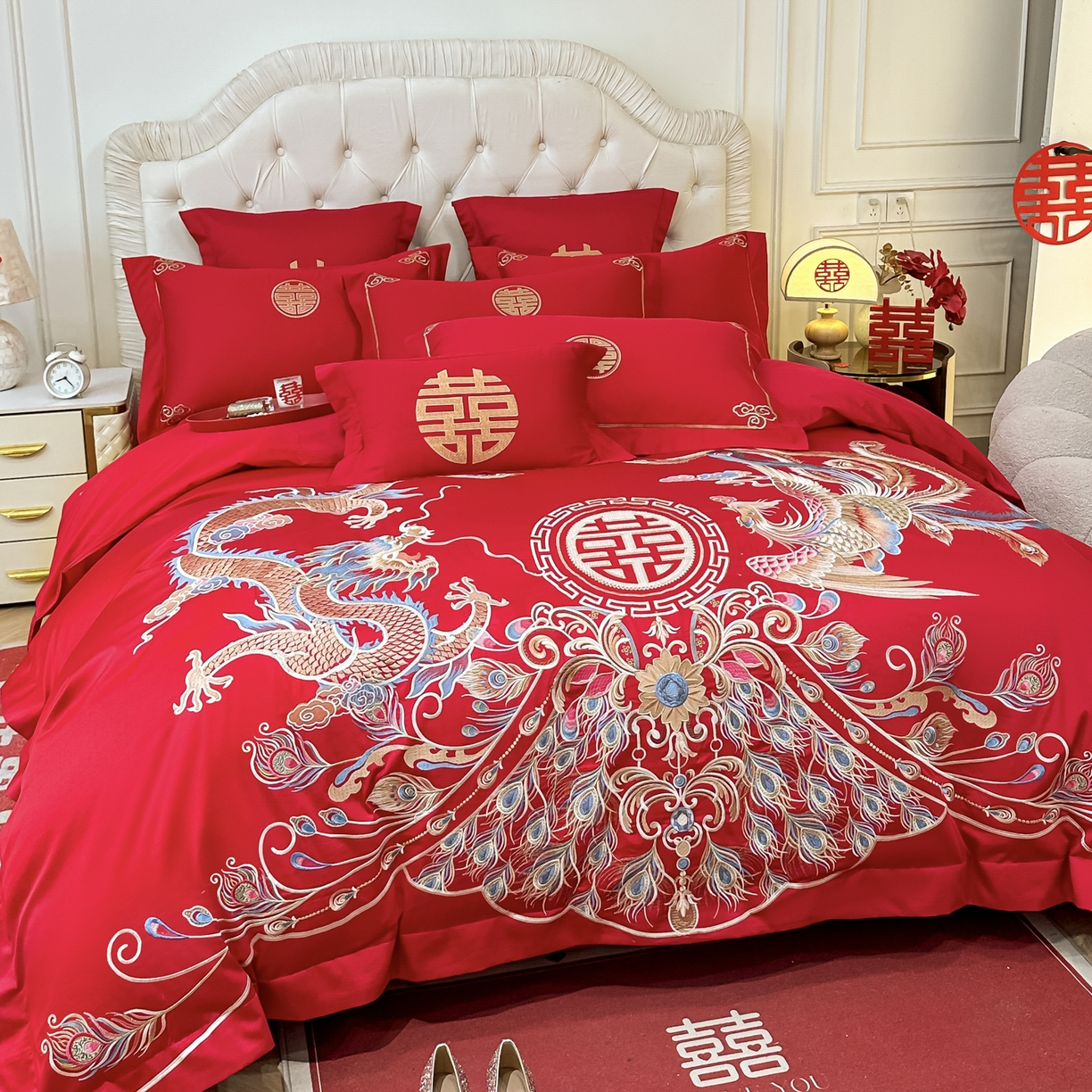 91家纺网 家纺一手货源 找家纺 欧乐蒂 2025新款亲肤棉婚庆刺绣四件套 龙凤富贵