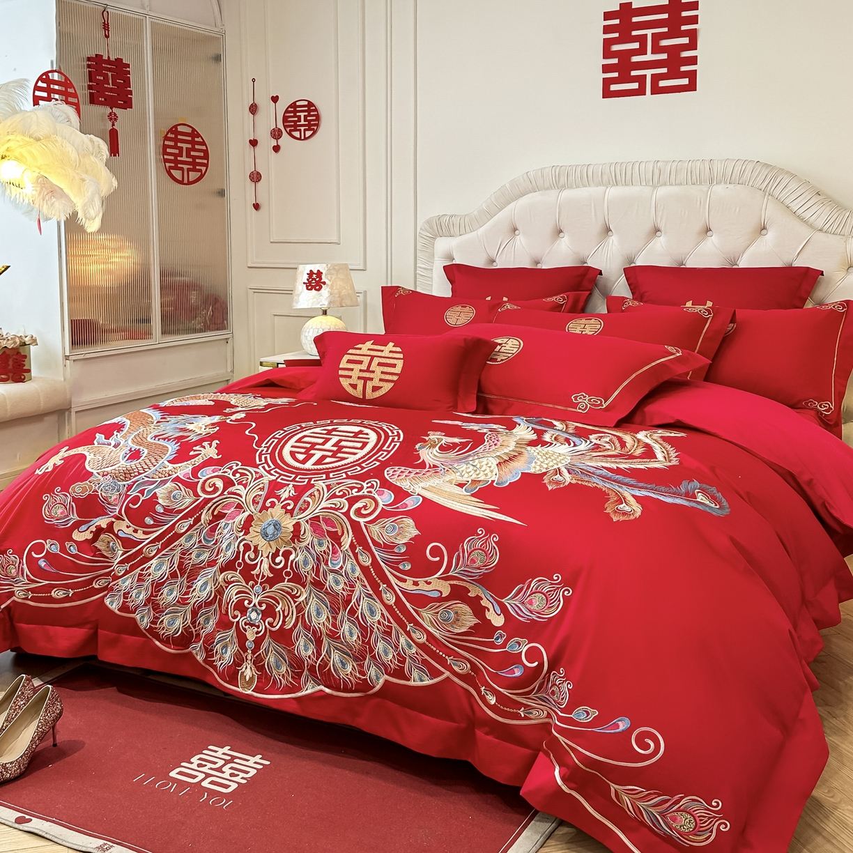 91家纺网 家纺一手货源 找家纺 欧乐蒂 2025新款亲肤棉婚庆刺绣四件套 龙凤富贵