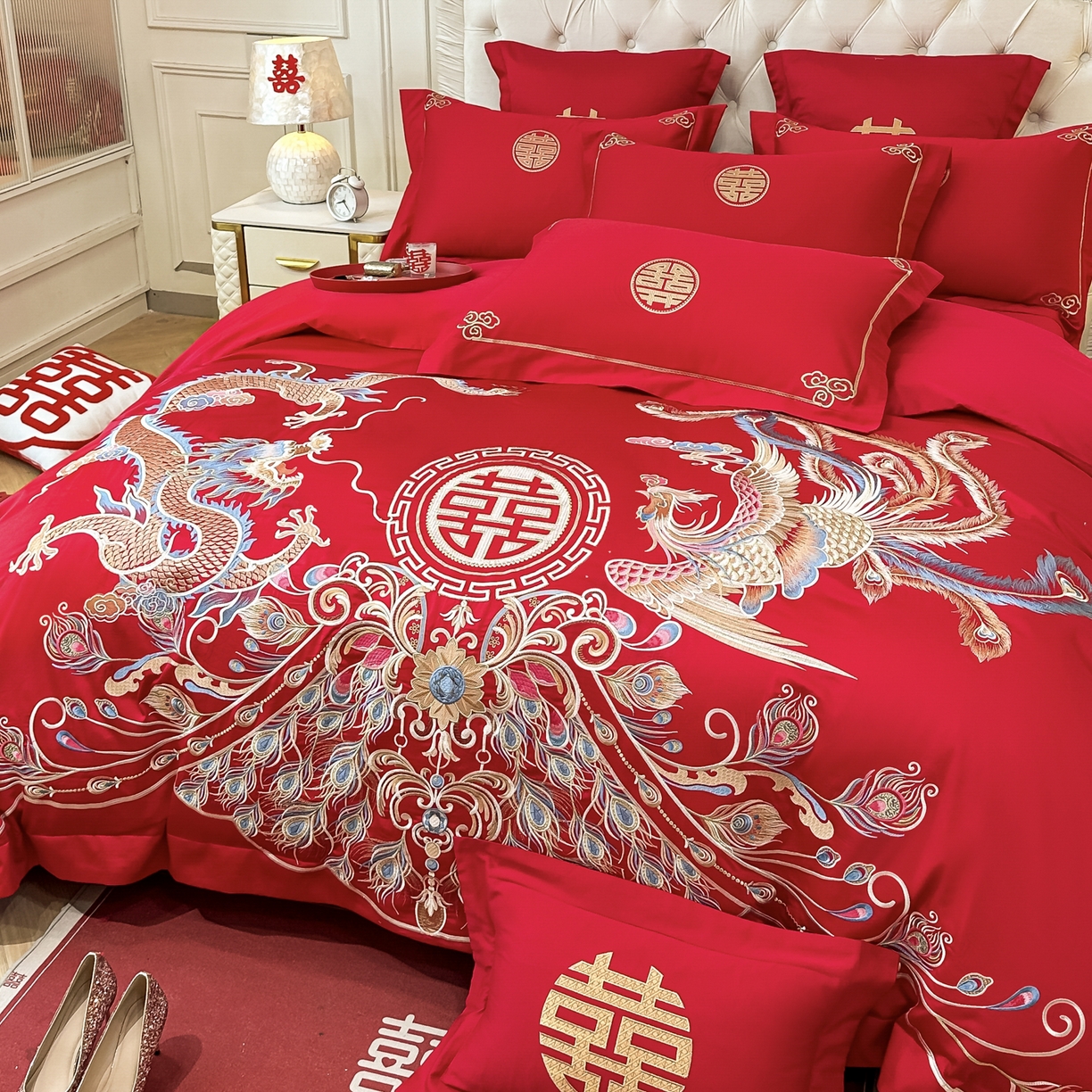 91家纺网 家纺一手货源 找家纺 欧乐蒂 2025新款亲肤棉婚庆刺绣四件套 龙凤富贵