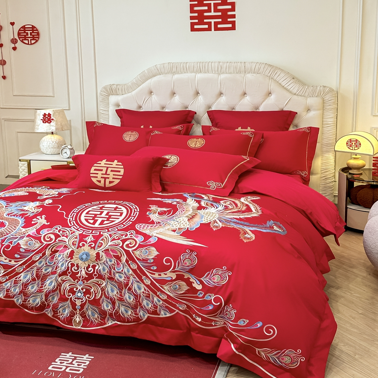 91家纺网 家纺一手货源 找家纺 欧乐蒂 2025新款亲肤棉婚庆刺绣四件套 龙凤富贵