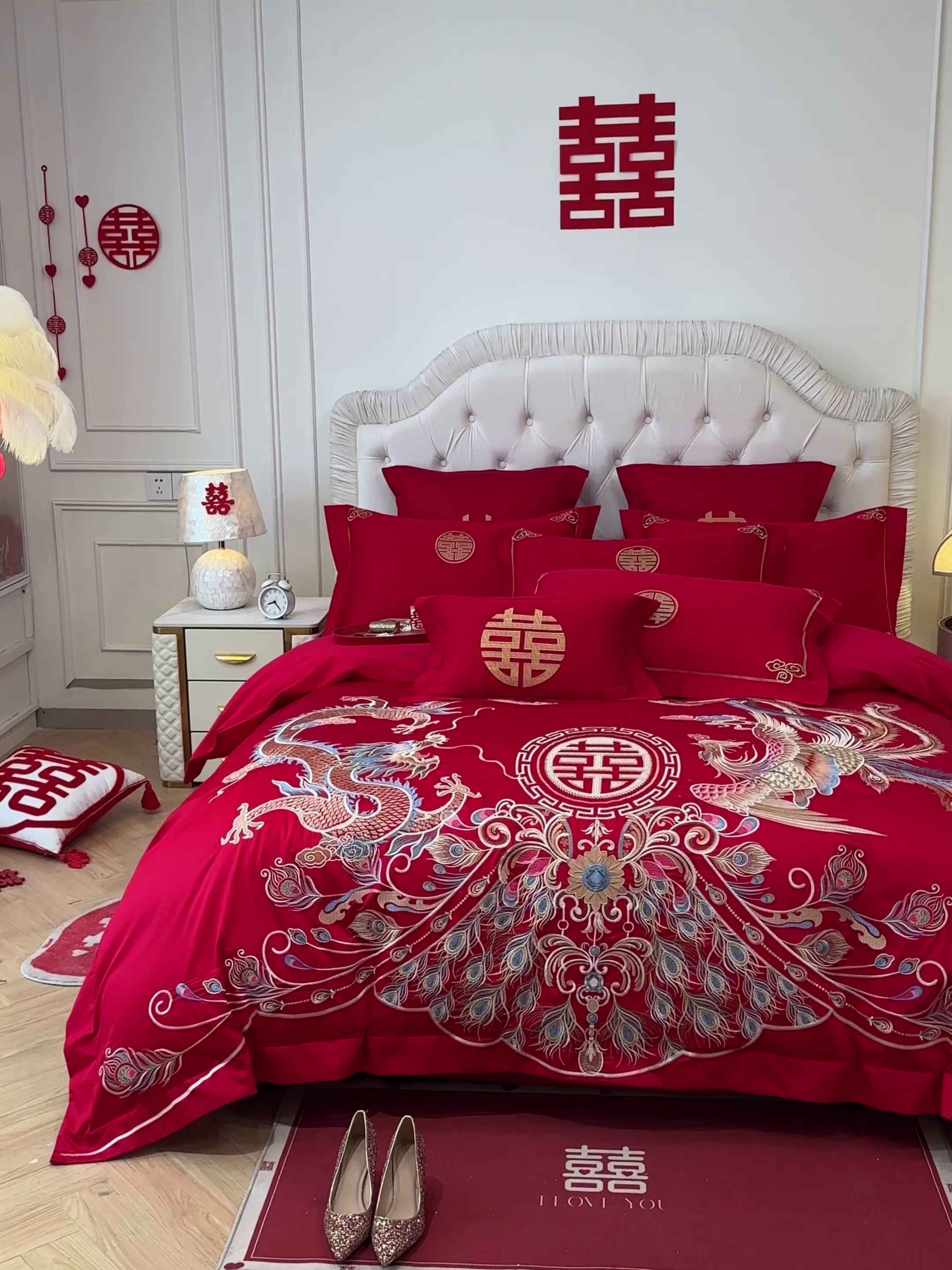 91家纺网 家纺一手货源 找家纺 欧乐蒂 2025新款亲肤棉婚庆刺绣四件套 龙凤富贵