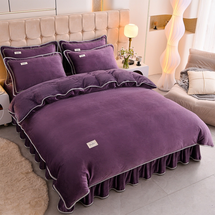 91家纺网 家纺一手货源 找家纺 博兰蒂 2025秋冬新款高克重纯色牛奶绒床裙款四件套墨紫