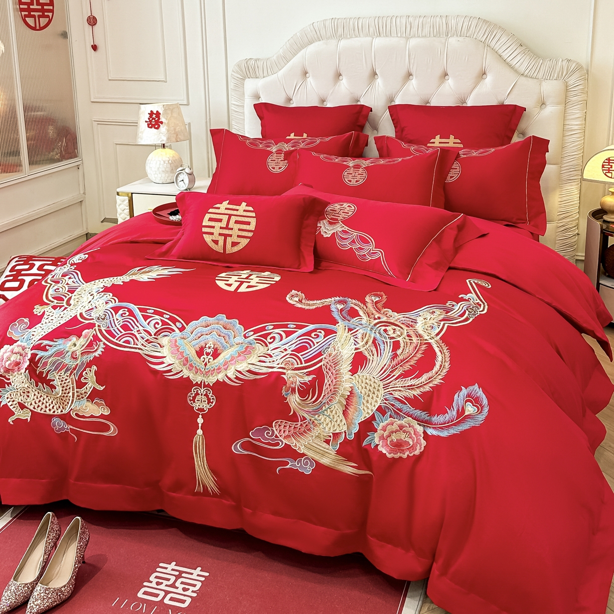 91家纺网 家纺一手货源 找家纺 欧乐蒂 2025新款亲肤棉婚庆刺绣四件套 龙凤和鸣