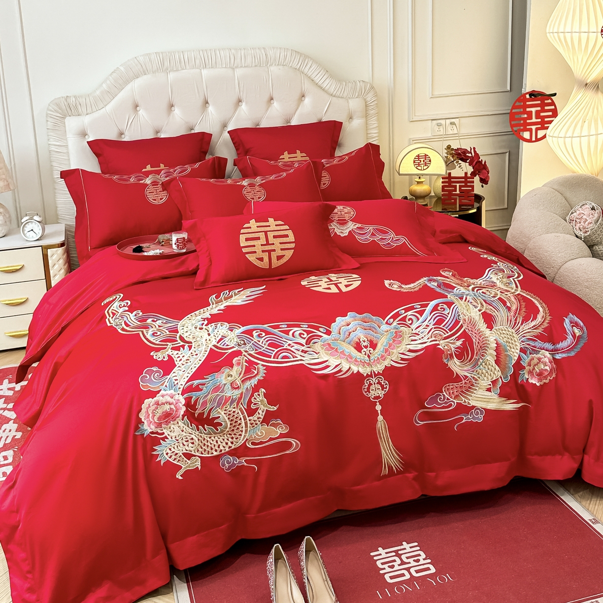 91家纺网 家纺一手货源 找家纺 欧乐蒂 2025新款亲肤棉婚庆刺绣四件套 龙凤和鸣