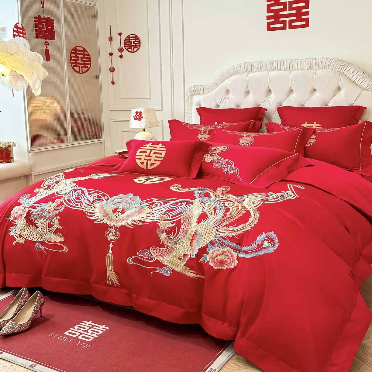 91家纺网 家纺一手货源 找家纺 欧乐蒂 2025新款亲肤棉婚庆刺绣四件套 龙凤和鸣