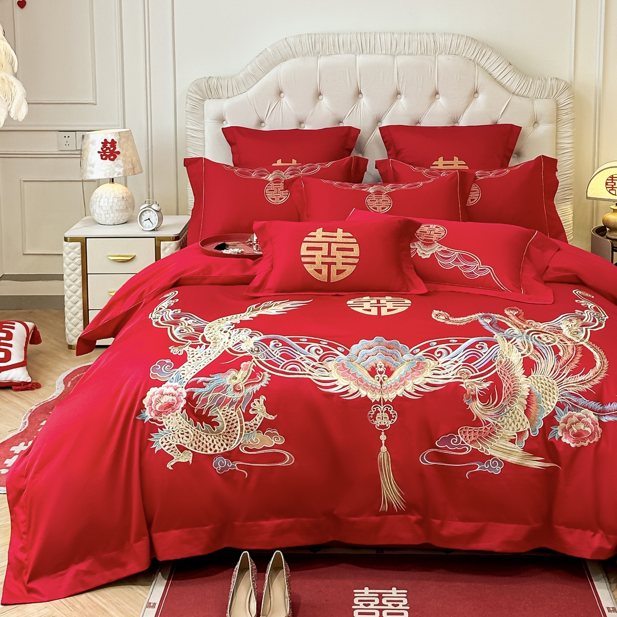 91家纺网 家纺一手货源 找家纺 欧乐蒂 2025新款亲肤棉婚庆刺绣四件套 龙凤和鸣