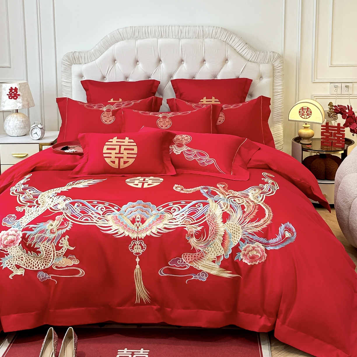 91家纺网 家纺一手货源 找家纺 欧乐蒂 2025新款亲肤棉婚庆刺绣四件套 龙凤和鸣