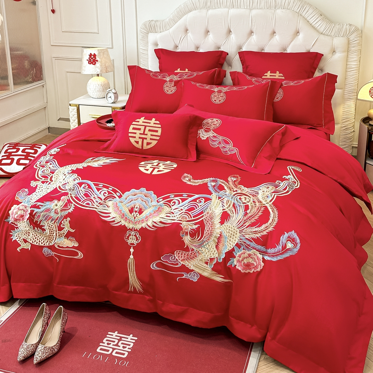 91家纺网 家纺一手货源 找家纺 欧乐蒂 2025新款亲肤棉婚庆刺绣四件套 龙凤和鸣