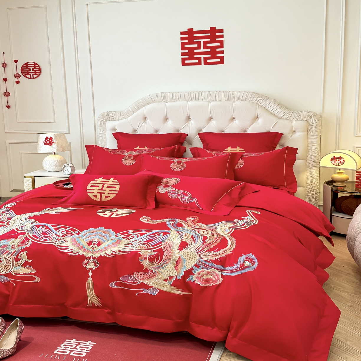 91家纺网 家纺一手货源 找家纺 欧乐蒂 2025新款亲肤棉婚庆刺绣四件套 龙凤和鸣
