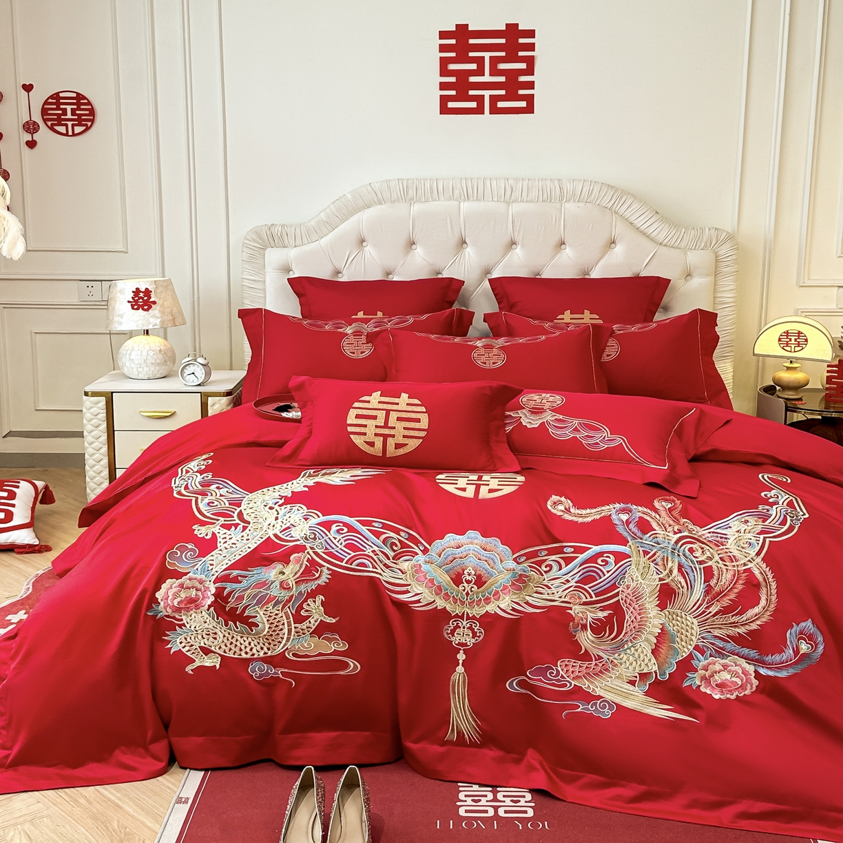 91家纺网 家纺一手货源 找家纺 欧乐蒂 2025新款亲肤棉婚庆刺绣四件套 龙凤和鸣