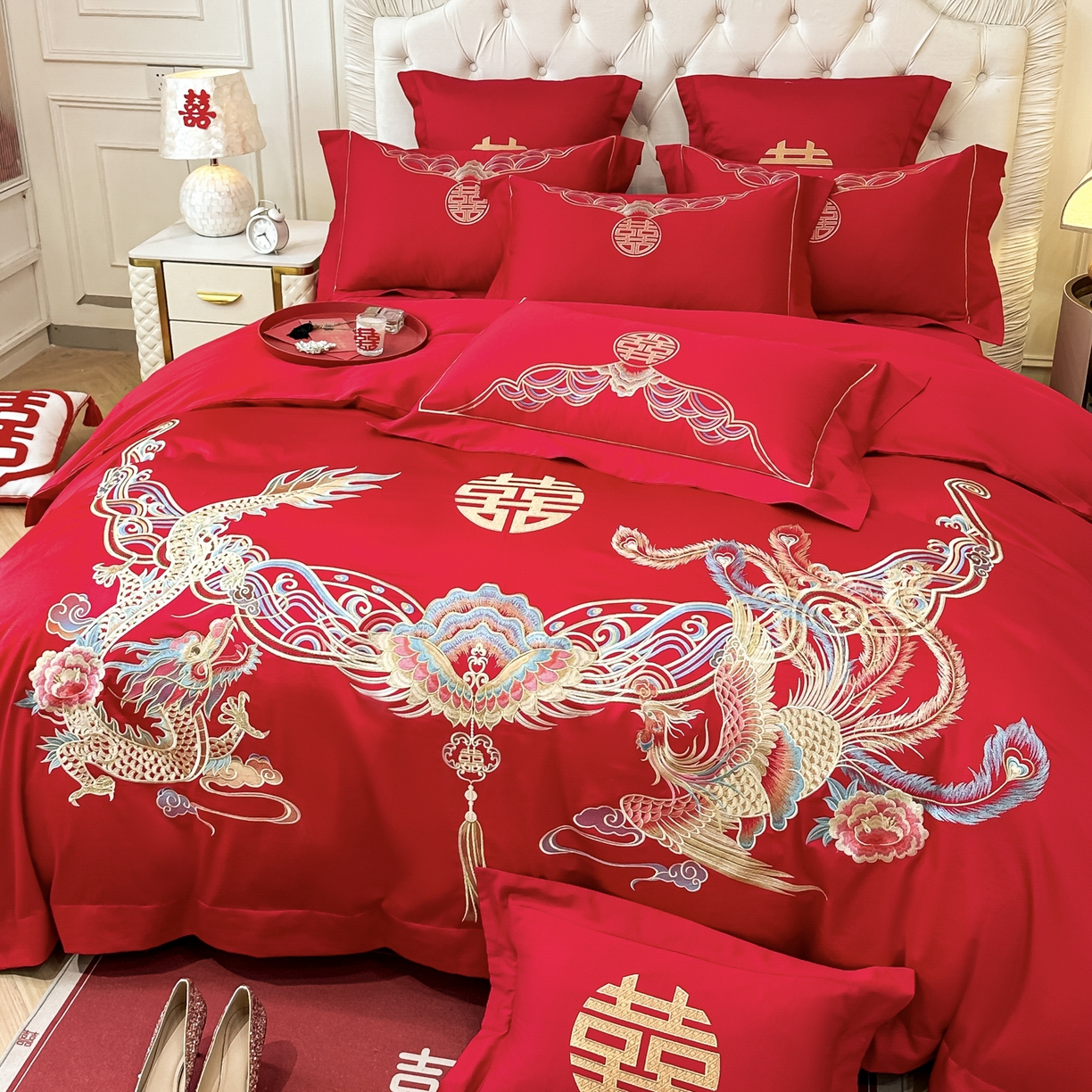 91家纺网 家纺一手货源 找家纺 欧乐蒂 2025新款亲肤棉婚庆刺绣四件套 龙凤和鸣