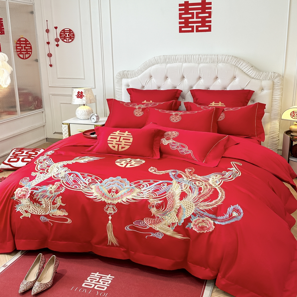 91家纺网 家纺一手货源 找家纺 欧乐蒂 2025新款亲肤棉婚庆刺绣四件套 龙凤和鸣