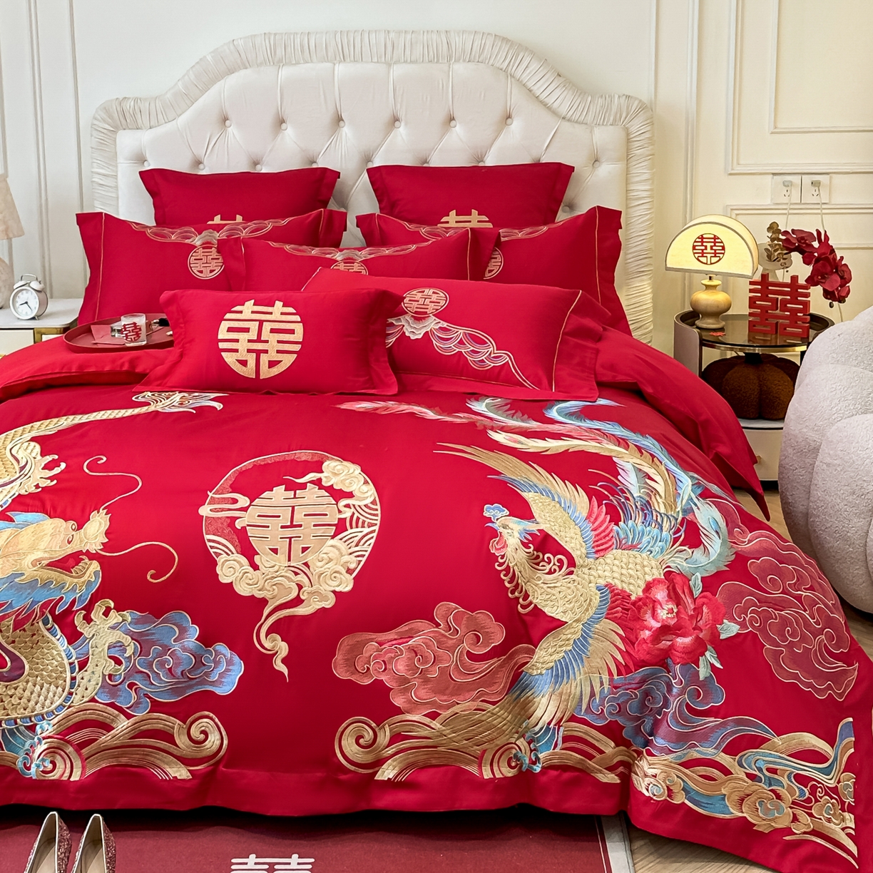 91家纺网 家纺一手货源 找家纺 欧乐蒂 2025新款亲肤棉婚庆刺绣四件套 龙凤良缘