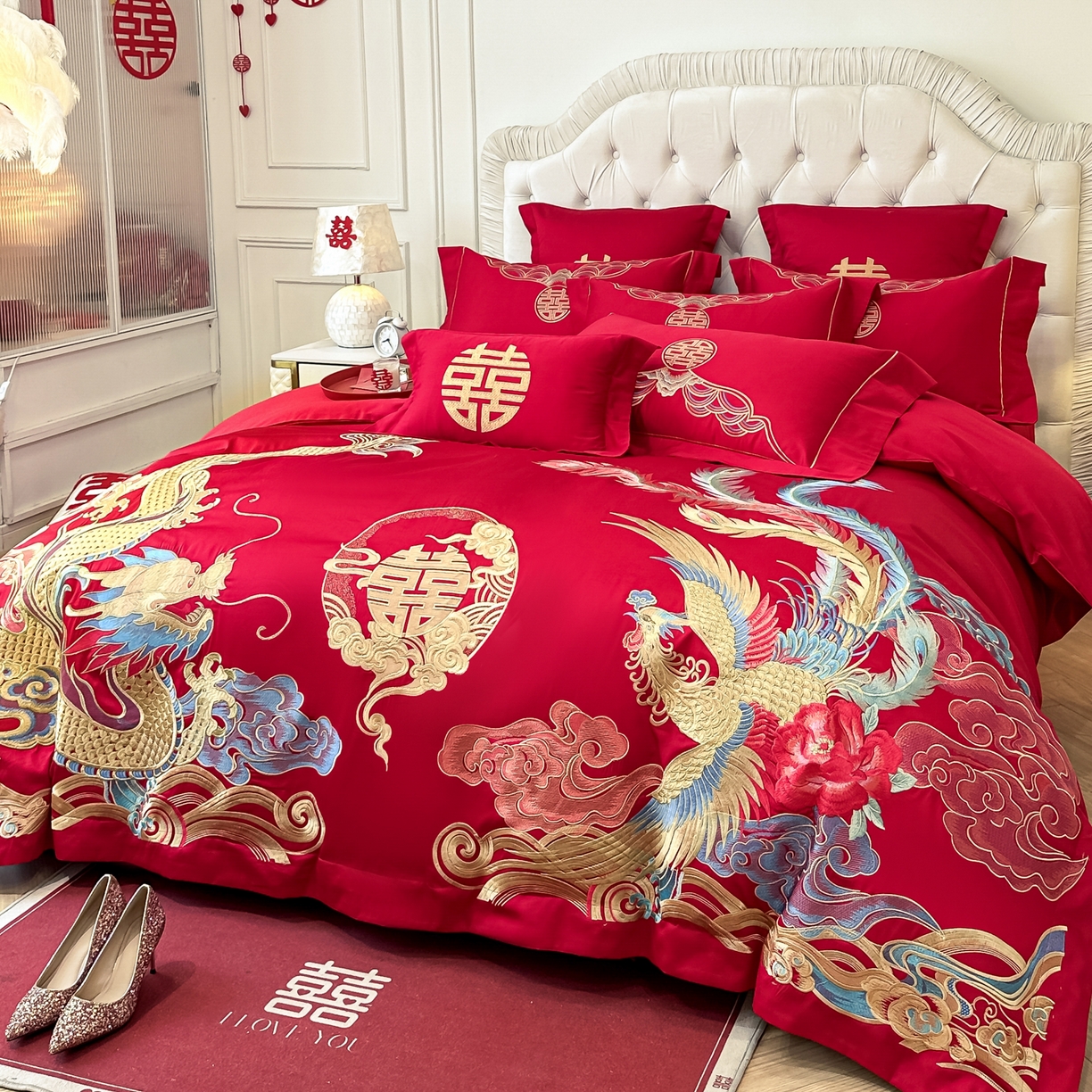 91家纺网 家纺一手货源 找家纺 欧乐蒂 2025新款亲肤棉婚庆刺绣四件套 龙凤良缘