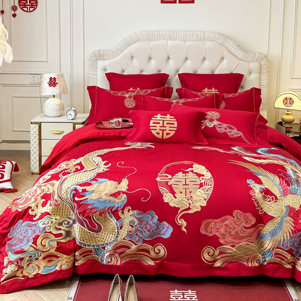 91家纺网 家纺一手货源 找家纺 欧乐蒂 2025新款亲肤棉婚庆刺绣四件套 龙凤良缘