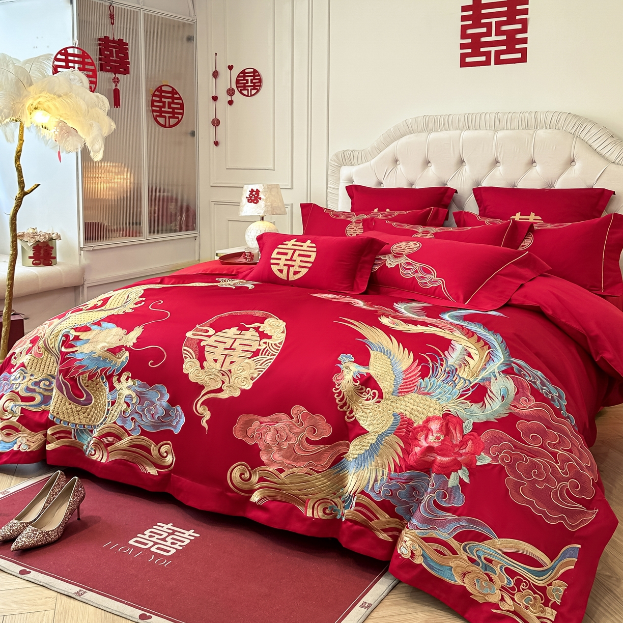 91家纺网 家纺一手货源 找家纺 欧乐蒂 2025新款亲肤棉婚庆刺绣四件套 龙凤良缘