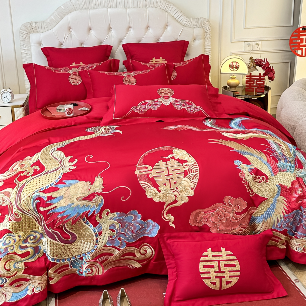 91家纺网 家纺一手货源 找家纺 欧乐蒂 2025新款亲肤棉婚庆刺绣四件套 龙凤良缘