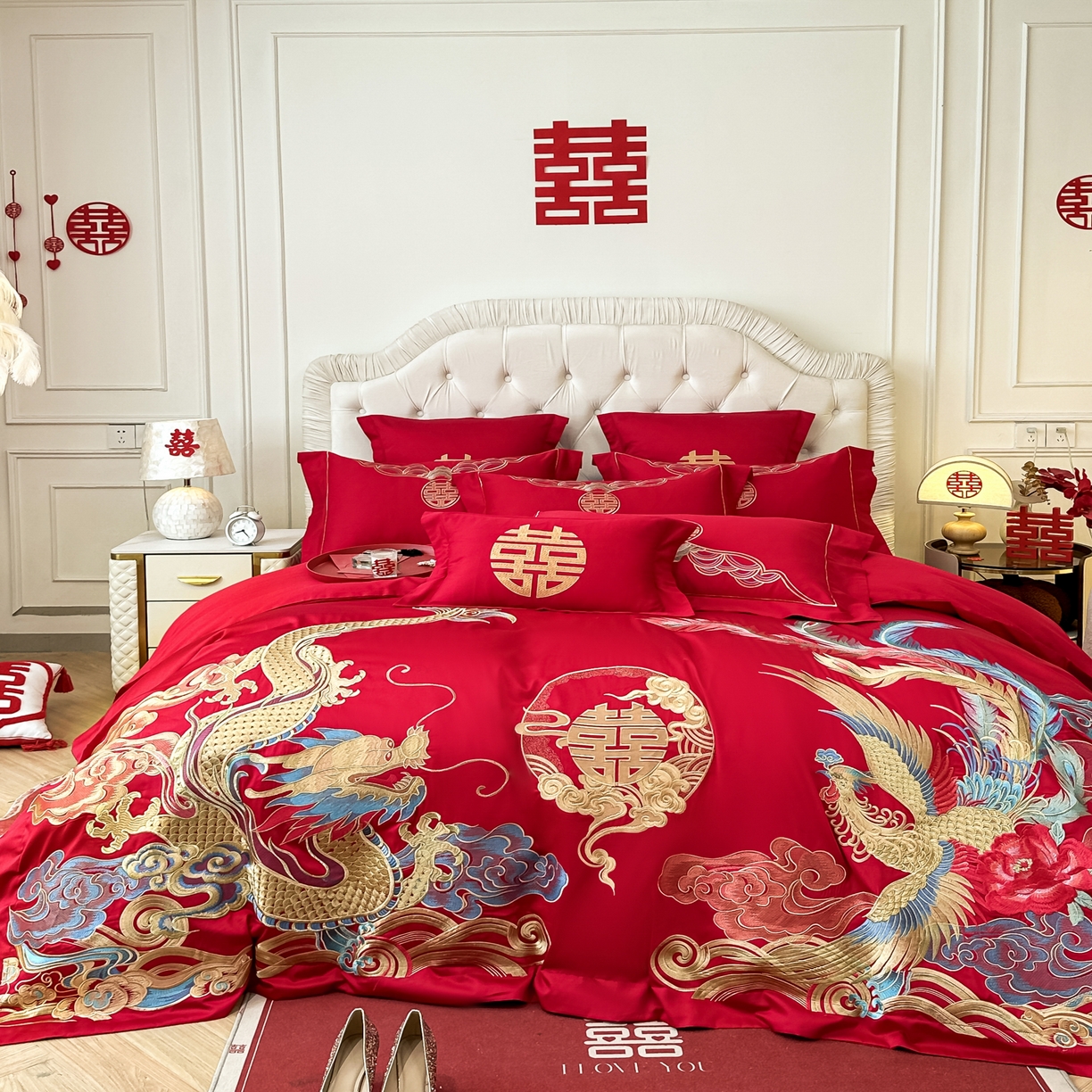 91家纺网 家纺一手货源 找家纺 欧乐蒂 2025新款亲肤棉婚庆刺绣四件套 龙凤良缘