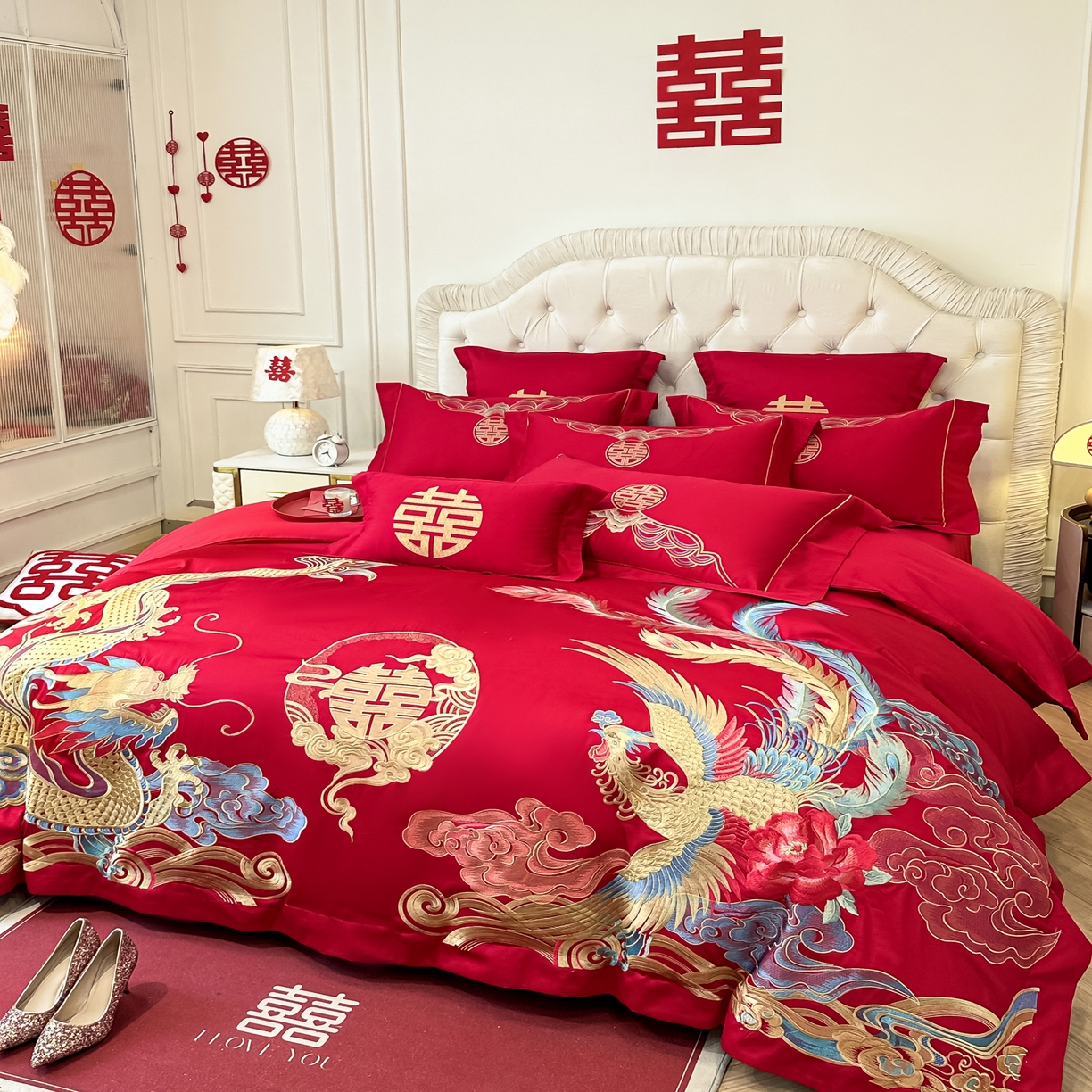 91家纺网 家纺一手货源 找家纺 欧乐蒂 2025新款亲肤棉婚庆刺绣四件套 龙凤良缘