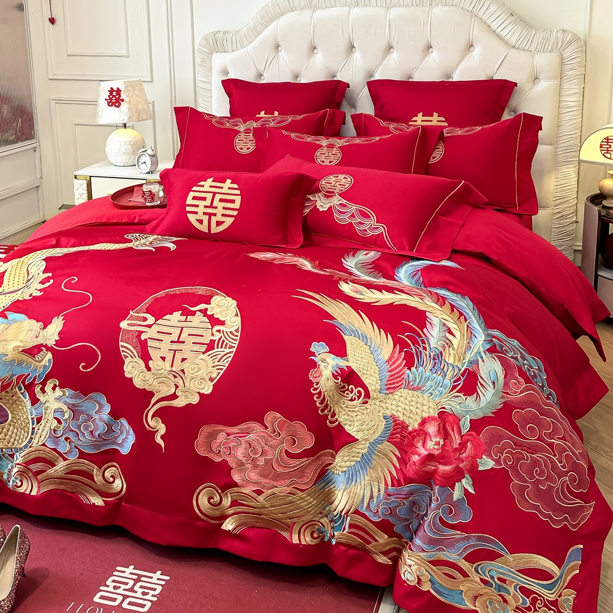 91家纺网 家纺一手货源 找家纺 欧乐蒂 2025新款亲肤棉婚庆刺绣四件套 龙凤良缘