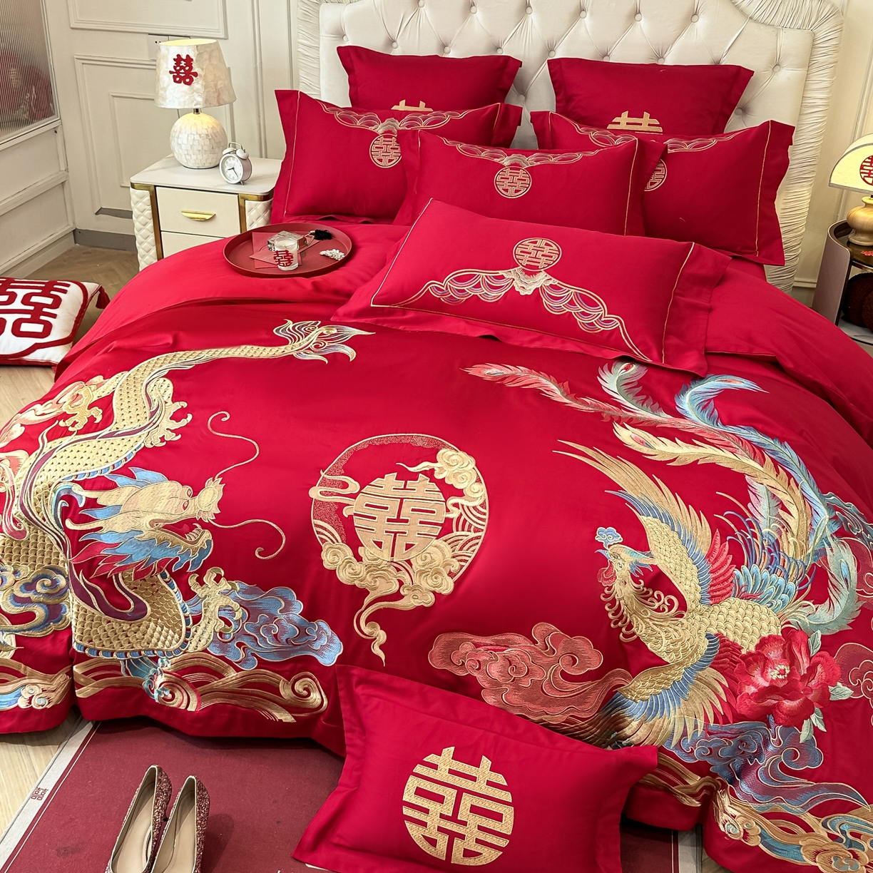 91家纺网 家纺一手货源 找家纺 欧乐蒂 2025新款亲肤棉婚庆刺绣四件套 龙凤良缘