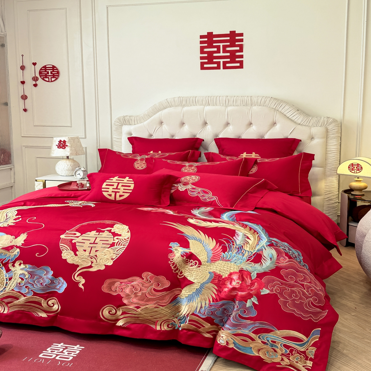 91家纺网 家纺一手货源 找家纺 欧乐蒂 2025新款亲肤棉婚庆刺绣四件套 龙凤良缘