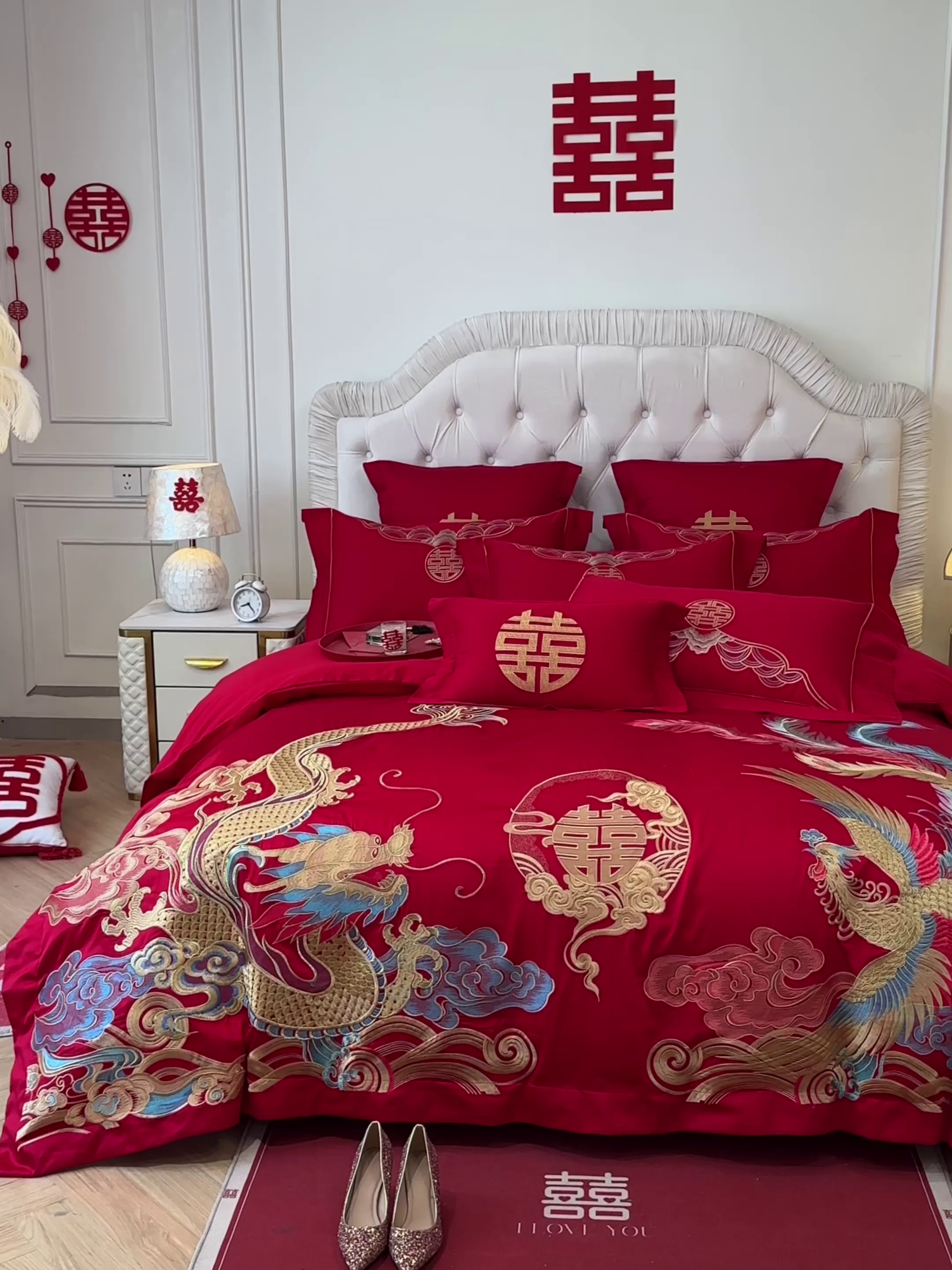 91家纺网 家纺一手货源 找家纺 欧乐蒂 2025新款亲肤棉婚庆刺绣四件套 龙凤良缘