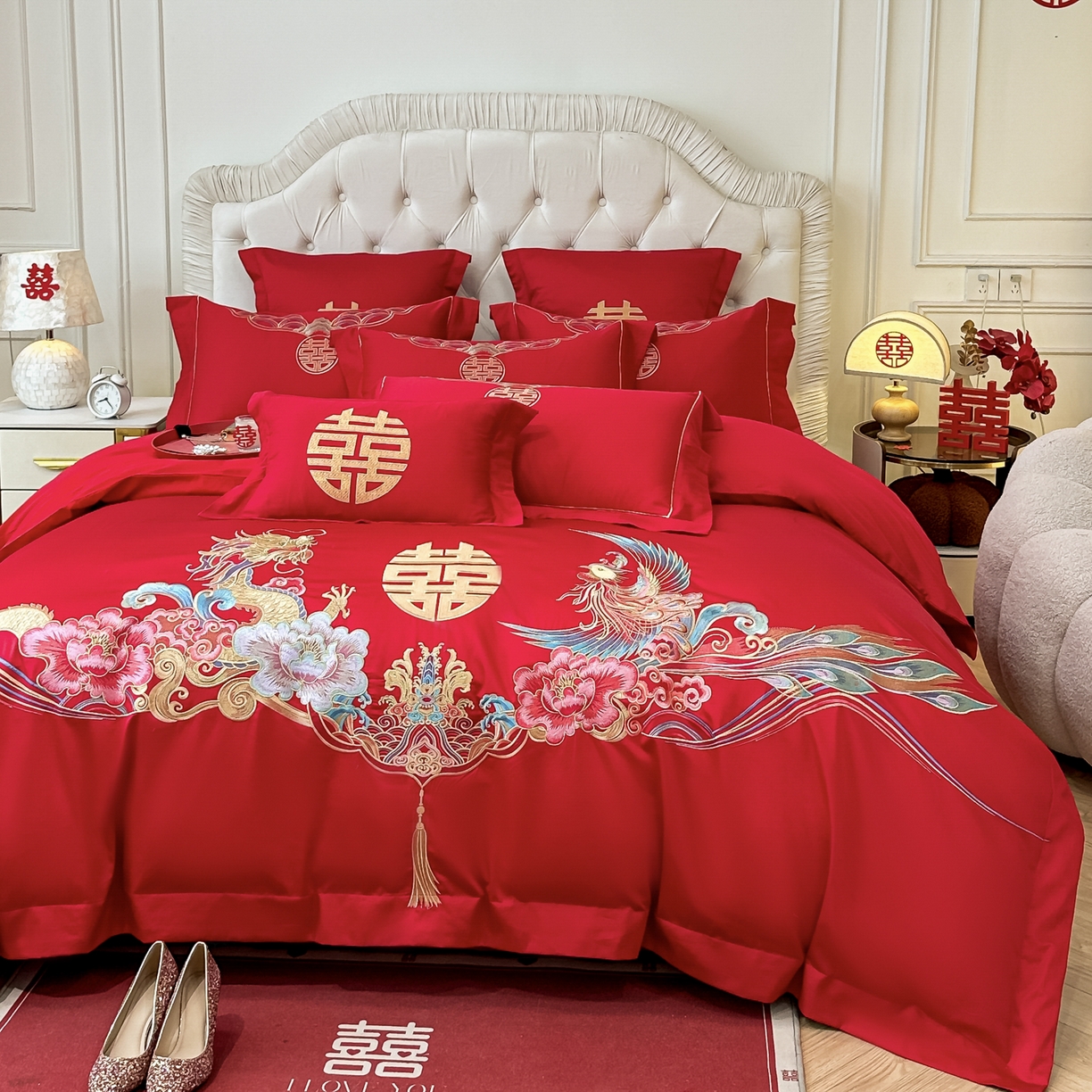 91家纺网 家纺一手货源 找家纺 欧乐蒂 2025新款亲肤棉婚庆刺绣四件套 龙凤双飞