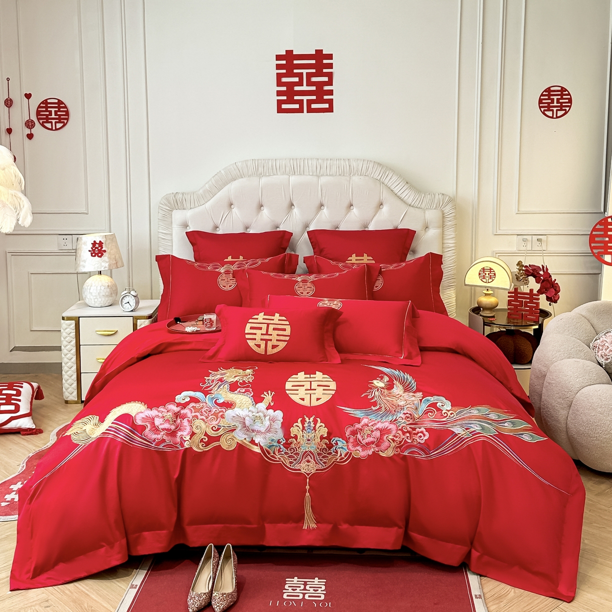 欧乐蒂 2025新款亲肤棉婚庆刺绣四件套 龙凤双飞