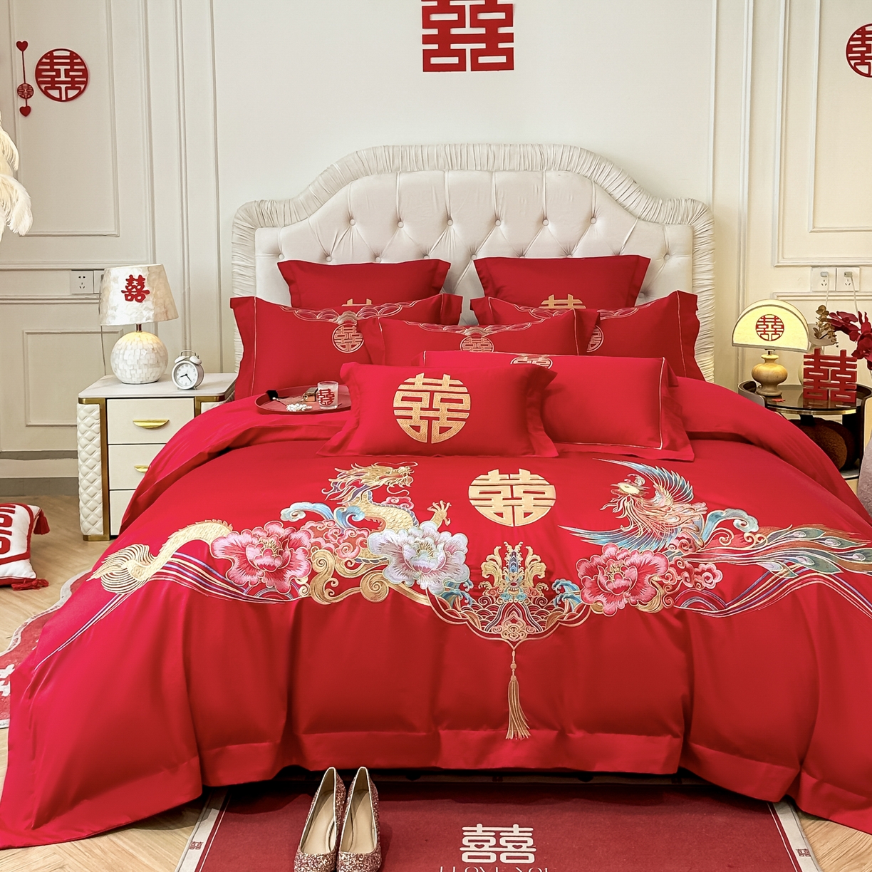 91家纺网 家纺一手货源 找家纺 欧乐蒂 2025新款亲肤棉婚庆刺绣四件套 龙凤双飞