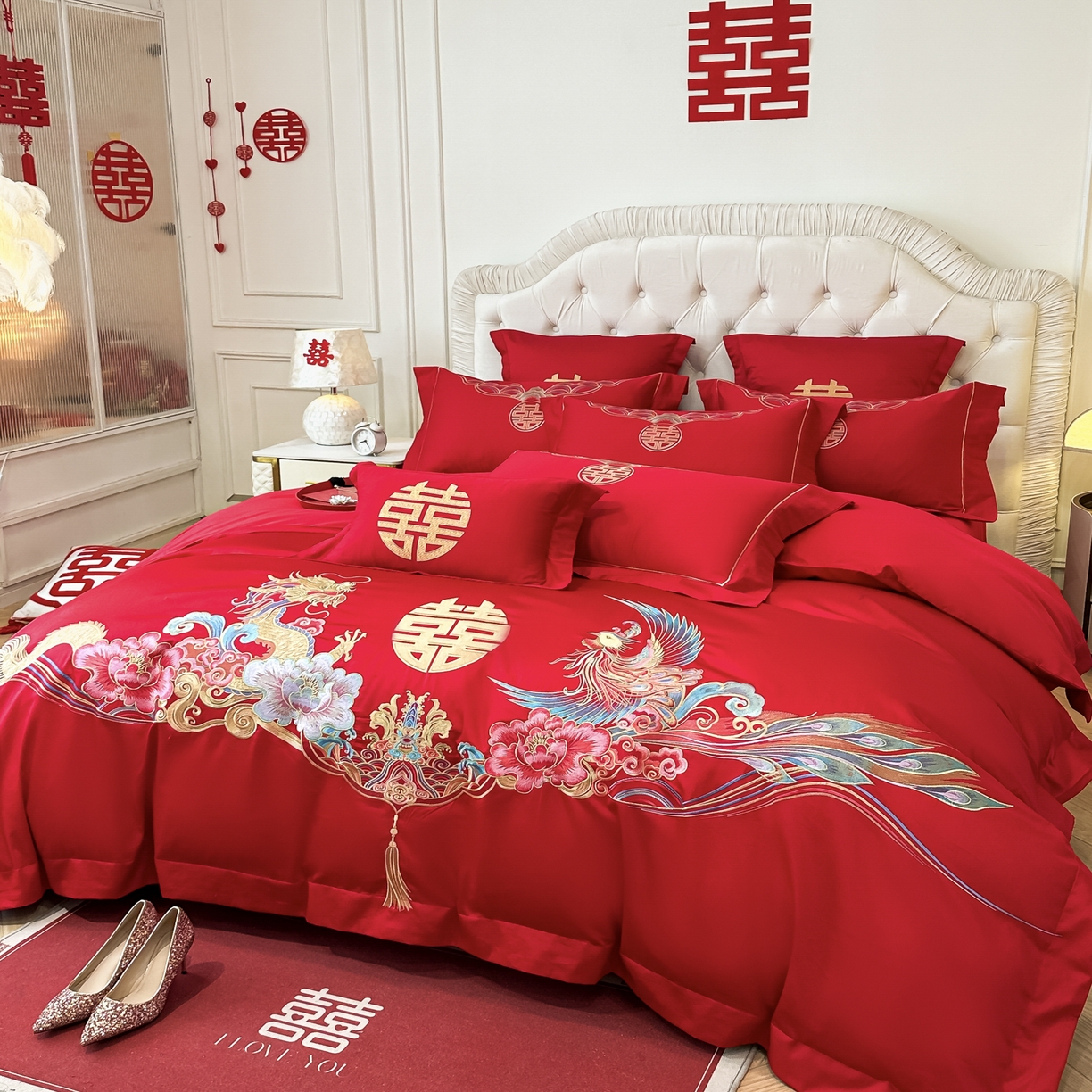 91家纺网 家纺一手货源 找家纺 欧乐蒂 2025新款亲肤棉婚庆刺绣四件套 龙凤双飞