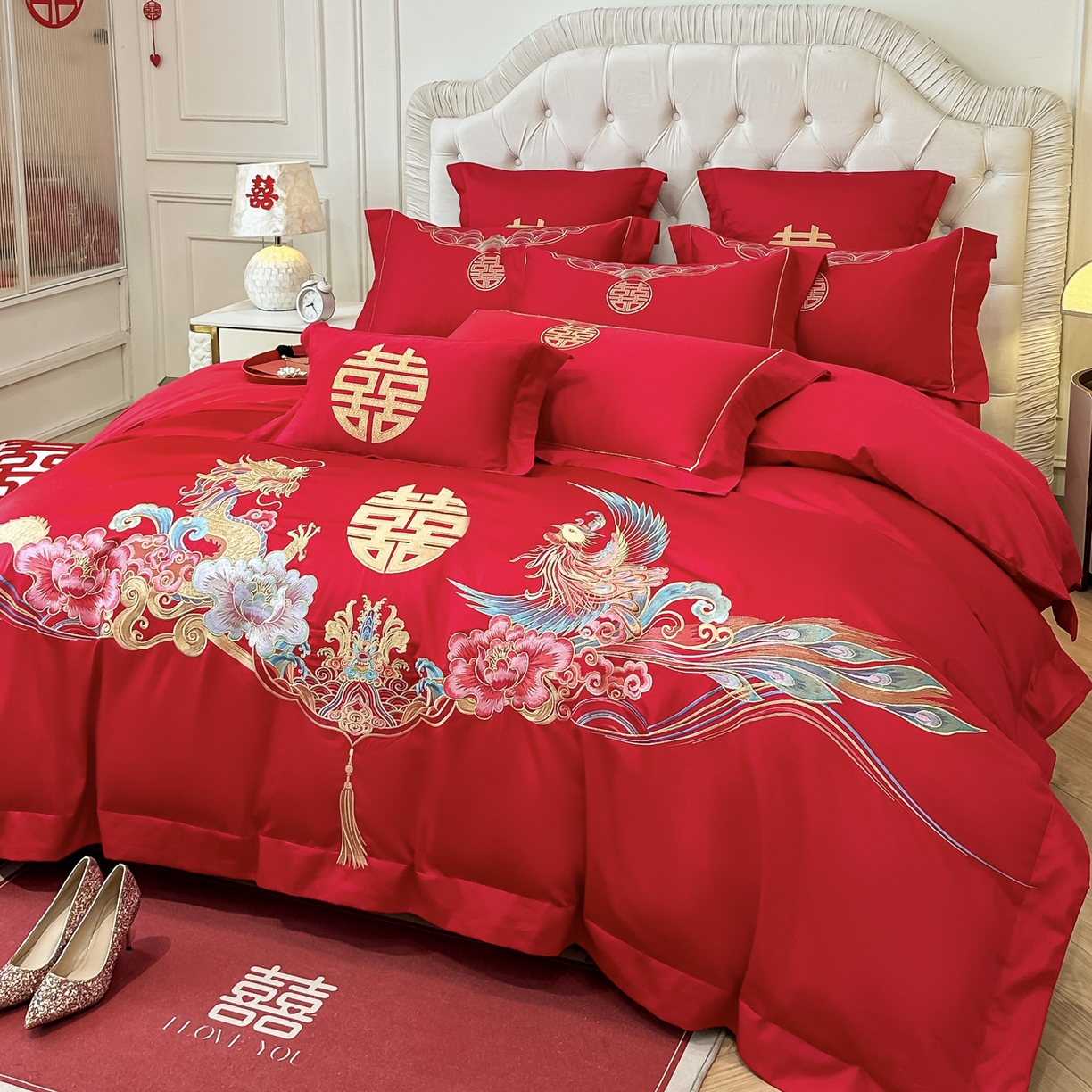 91家纺网 家纺一手货源 找家纺 欧乐蒂 2025新款亲肤棉婚庆刺绣四件套 龙凤双飞