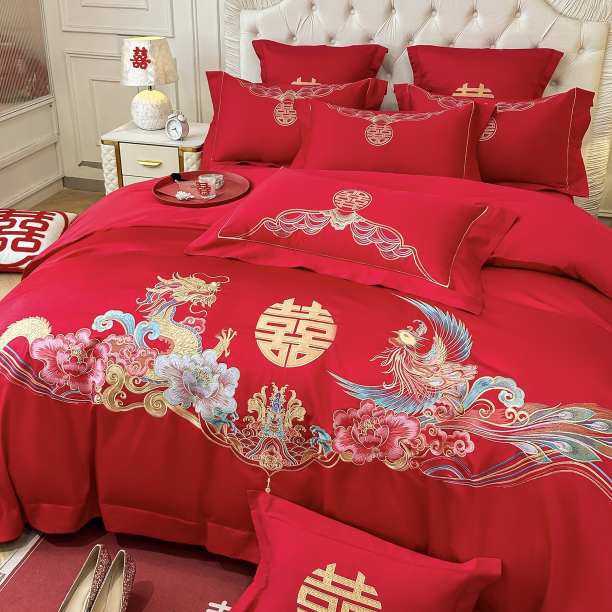 91家纺网 家纺一手货源 找家纺 欧乐蒂 2025新款亲肤棉婚庆刺绣四件套 龙凤双飞