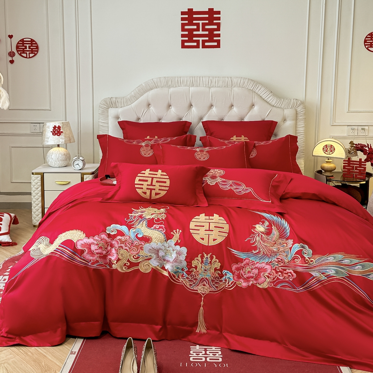 91家纺网 家纺一手货源 找家纺 欧乐蒂 2025新款亲肤棉婚庆刺绣四件套 龙凤双飞