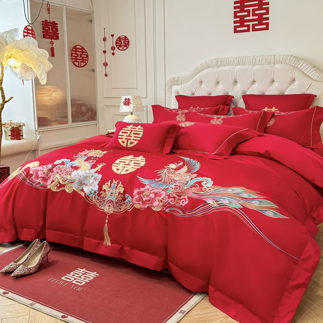 91家纺网 家纺一手货源 找家纺 欧乐蒂 2025新款亲肤棉婚庆刺绣四件套 龙凤双飞