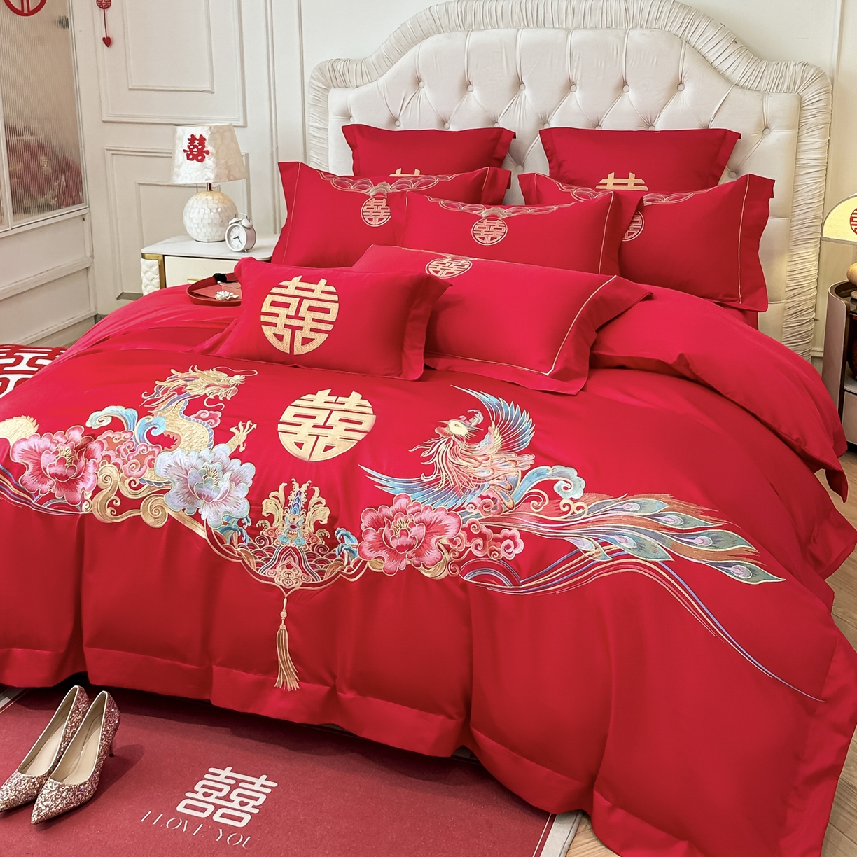 91家纺网 家纺一手货源 找家纺 欧乐蒂 2025新款亲肤棉婚庆刺绣四件套 龙凤双飞