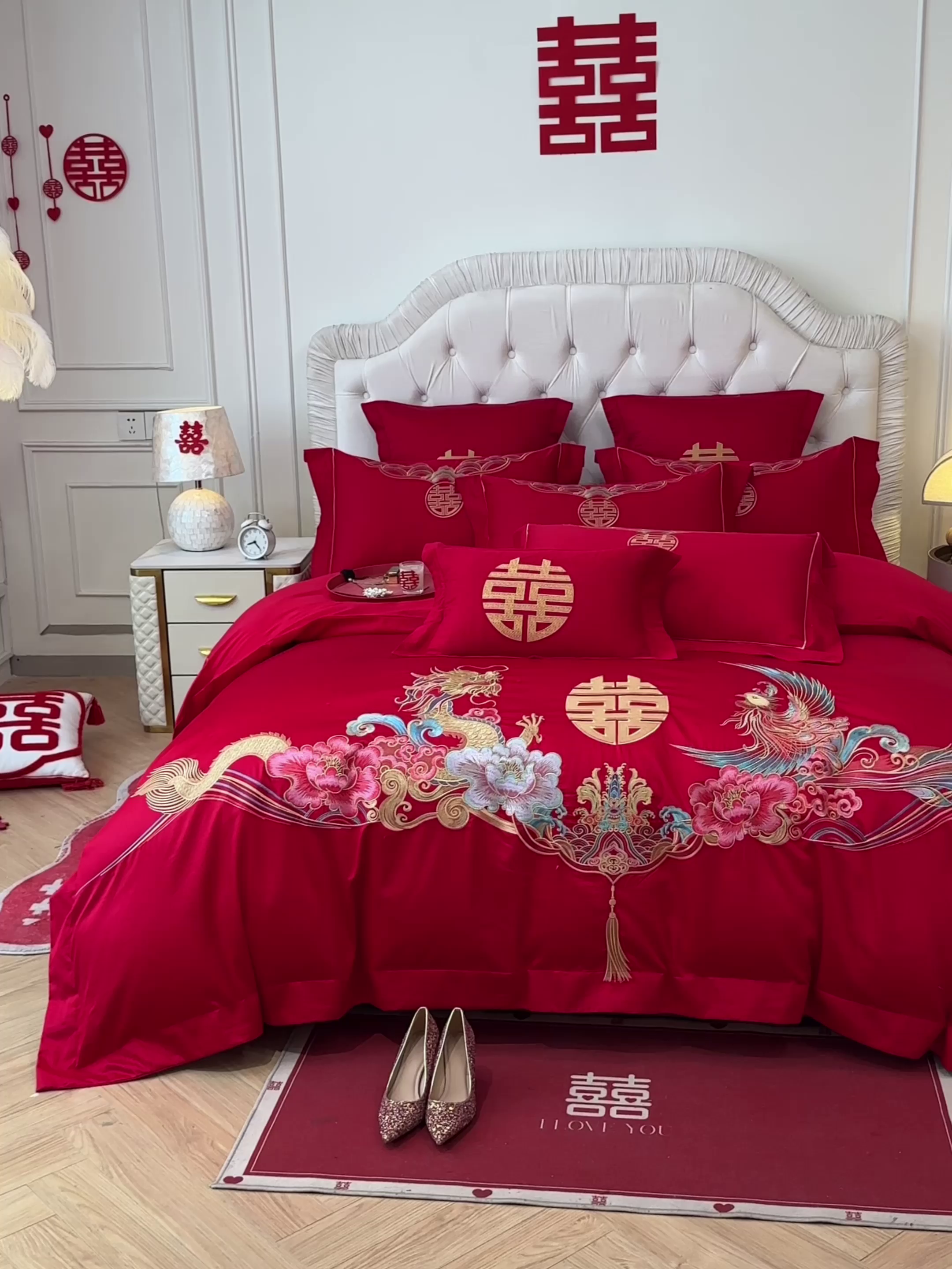 91家纺网 家纺一手货源 找家纺 欧乐蒂 2025新款亲肤棉婚庆刺绣四件套 龙凤双飞